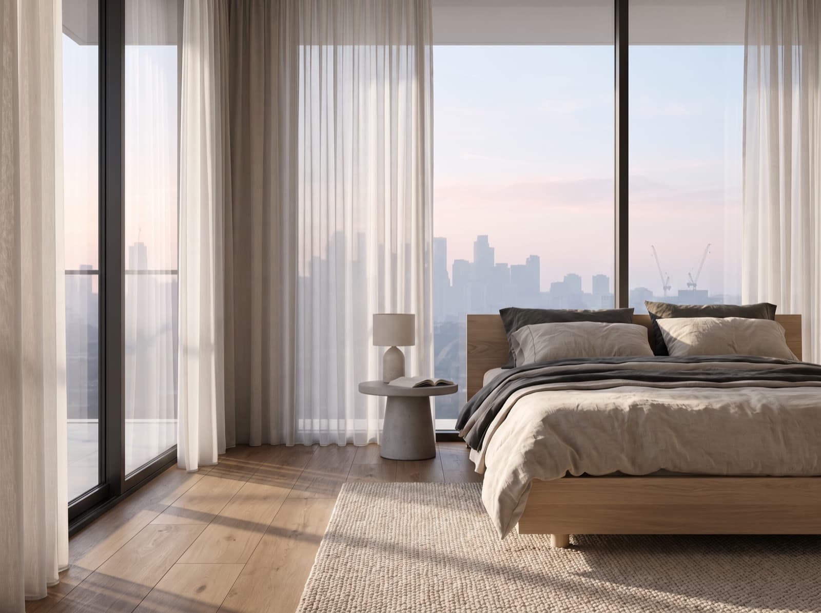 Render of a bedroom in a modern apartment, early morning light through sheer curtains and a hazy city beyond.
