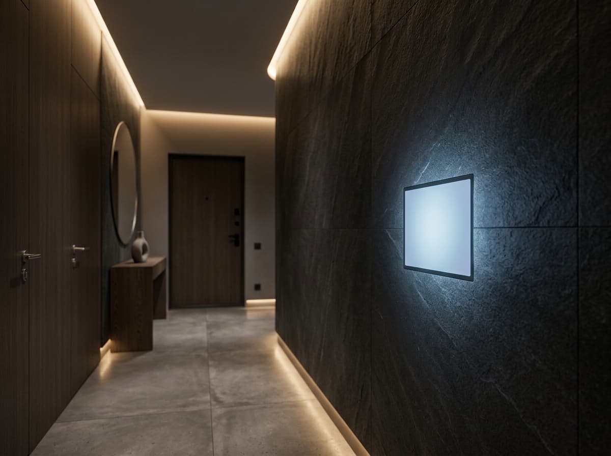 Render of a dark apartment entrance hallway with a wall-mounted control tablet glowing in a stone wall.